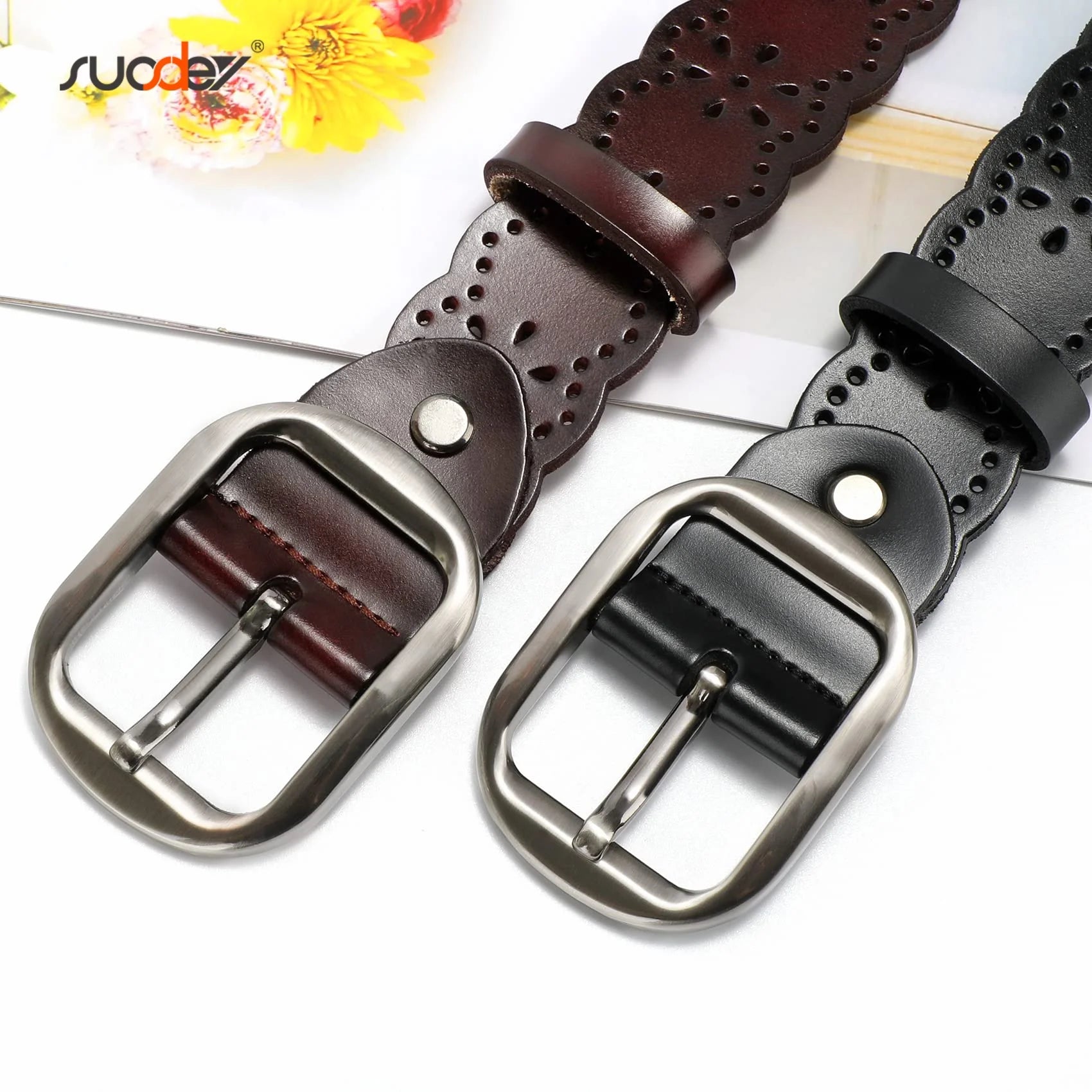 Hollow Flower Leather Belt for Women Coffee Belt for Jeans Dresses Pants with Gift Box