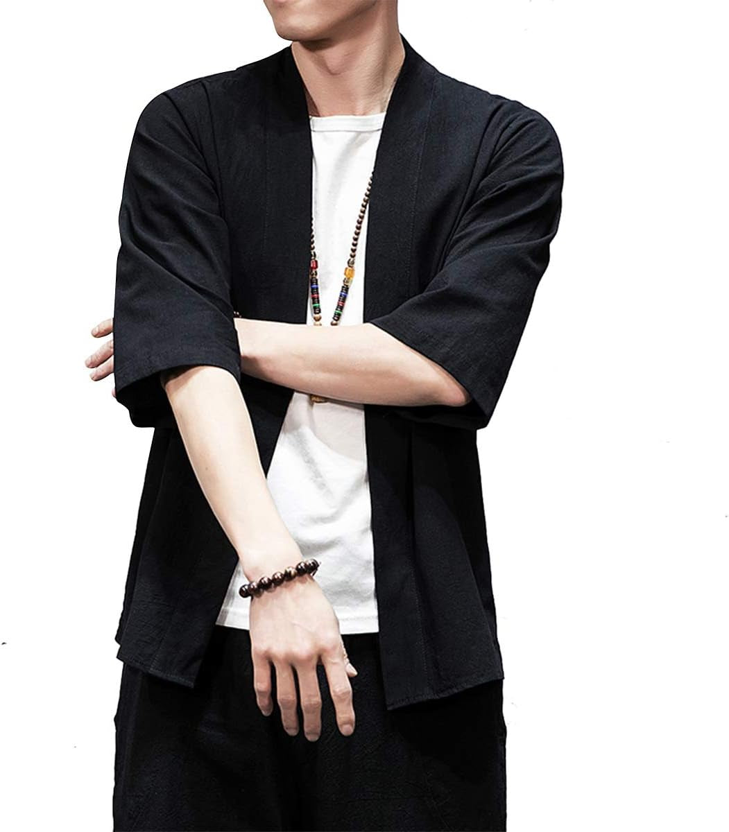 Men'S Kimono Jackets Cardigan Lightweight Casual Cotton Blends Linen Seven Sleeves Open Front Coat Outwear