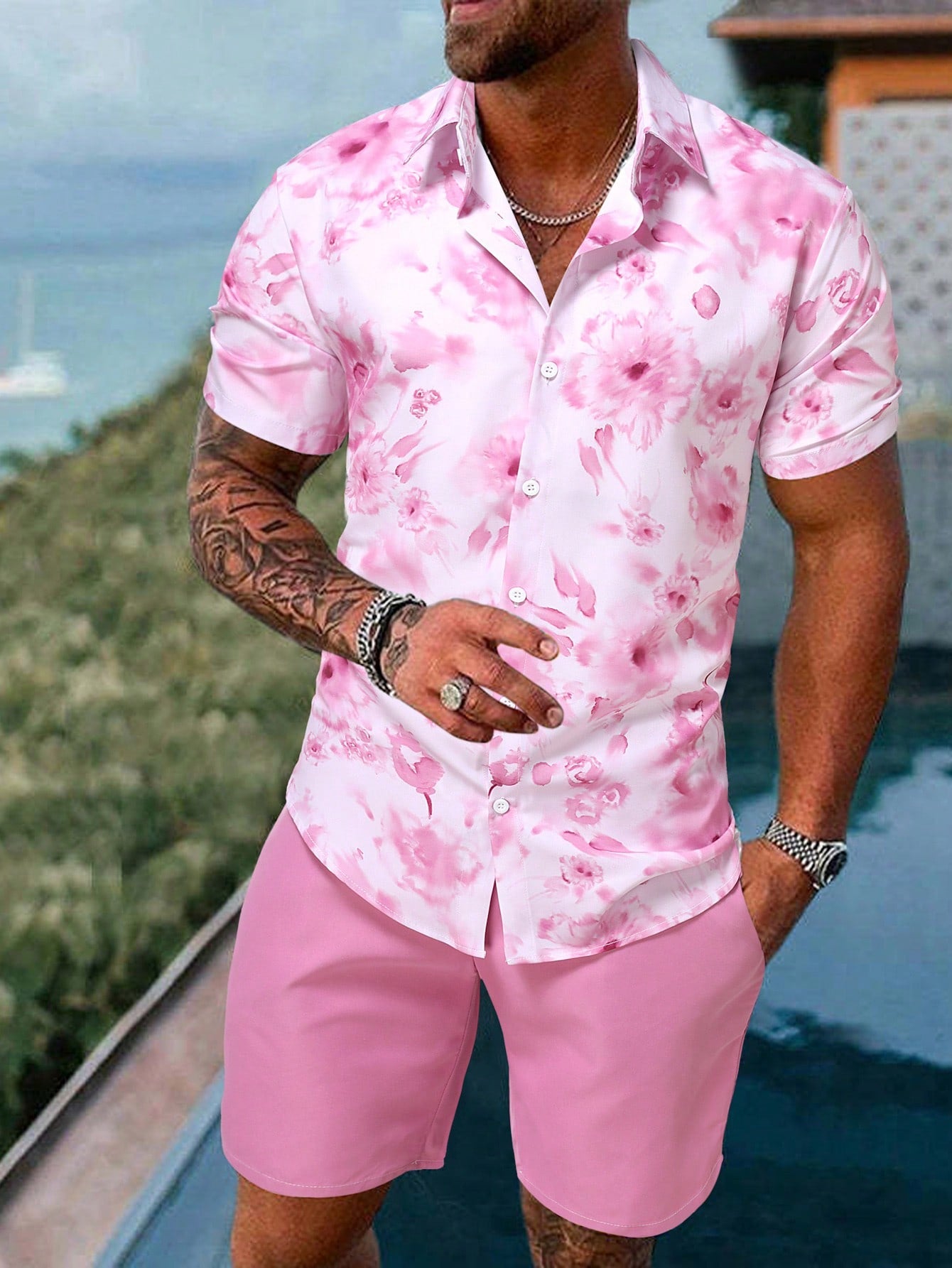 Manfinity RSRT Men Floral Print Shirt & Shorts , Beach , Tropical , Husband , Colorful , Holographic
