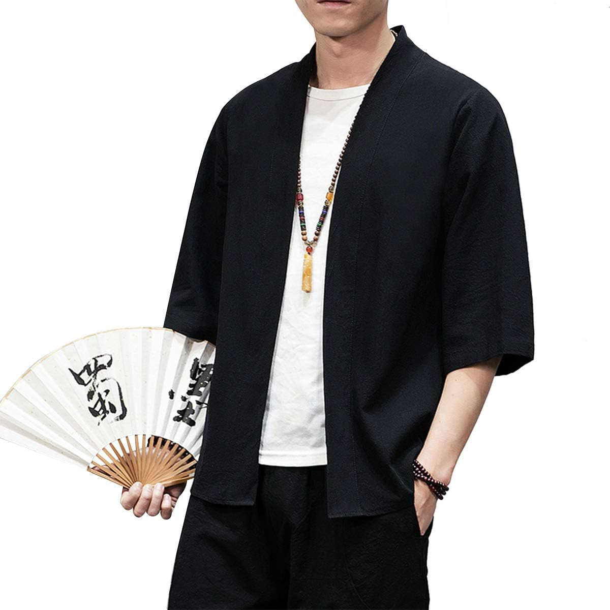 Men'S Kimono Jackets Cardigan Lightweight Casual Cotton Blends Linen Seven Sleeves Open Front Coat Outwear