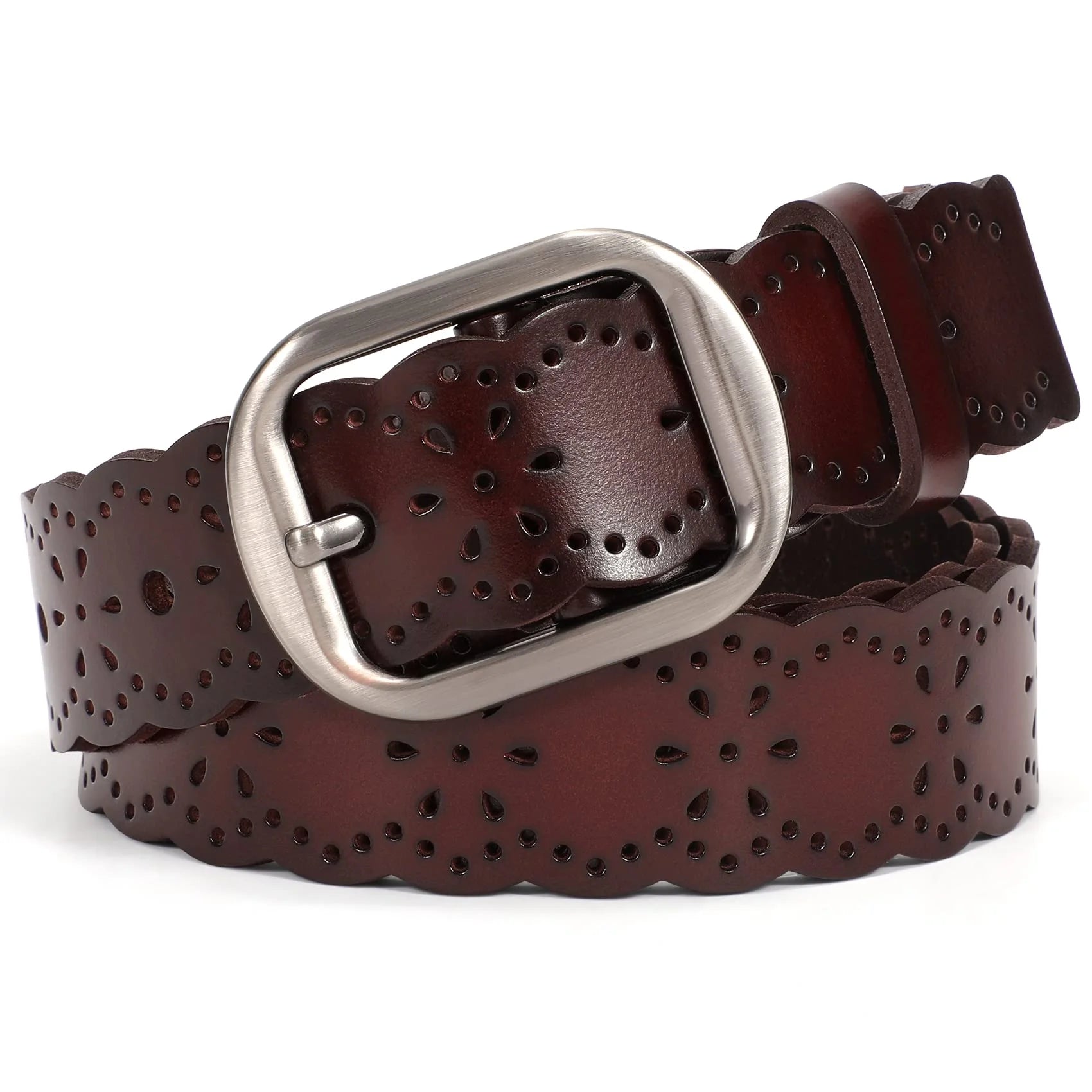 Hollow Flower Leather Belt for Women Coffee Belt for Jeans Dresses Pants with Gift Box