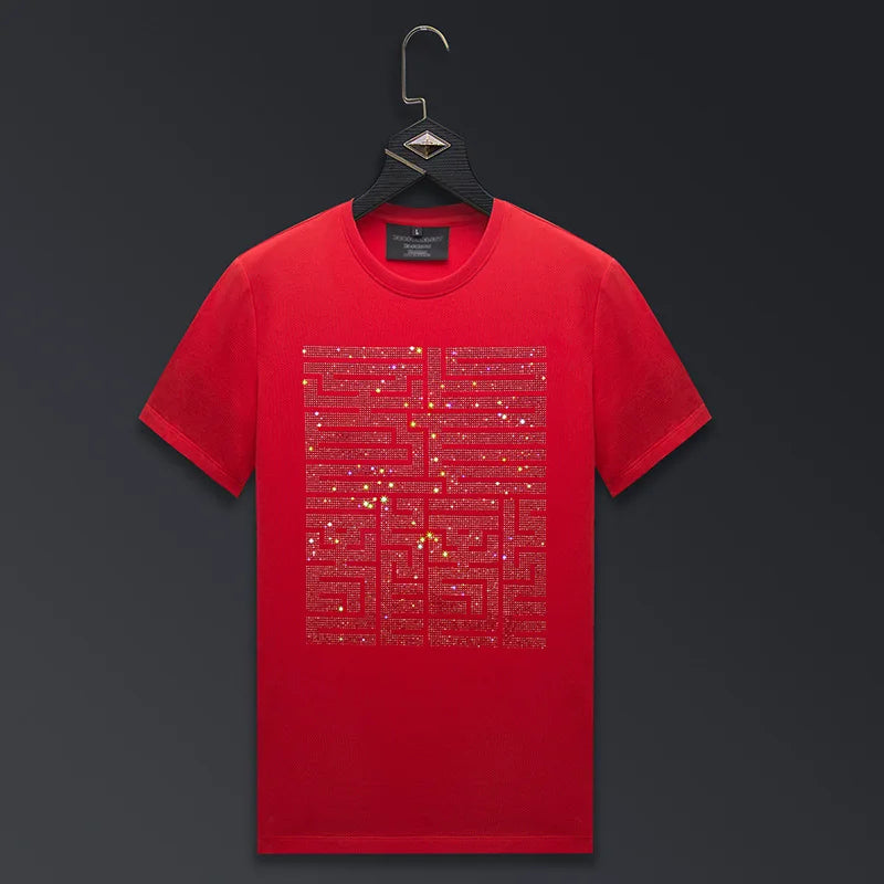 Casual Short Sleeve T Shirts Men Summer Clothes Chinese Characters Rhinestones Fashion Streetwear O Neck Cool Cotton T-Shirts