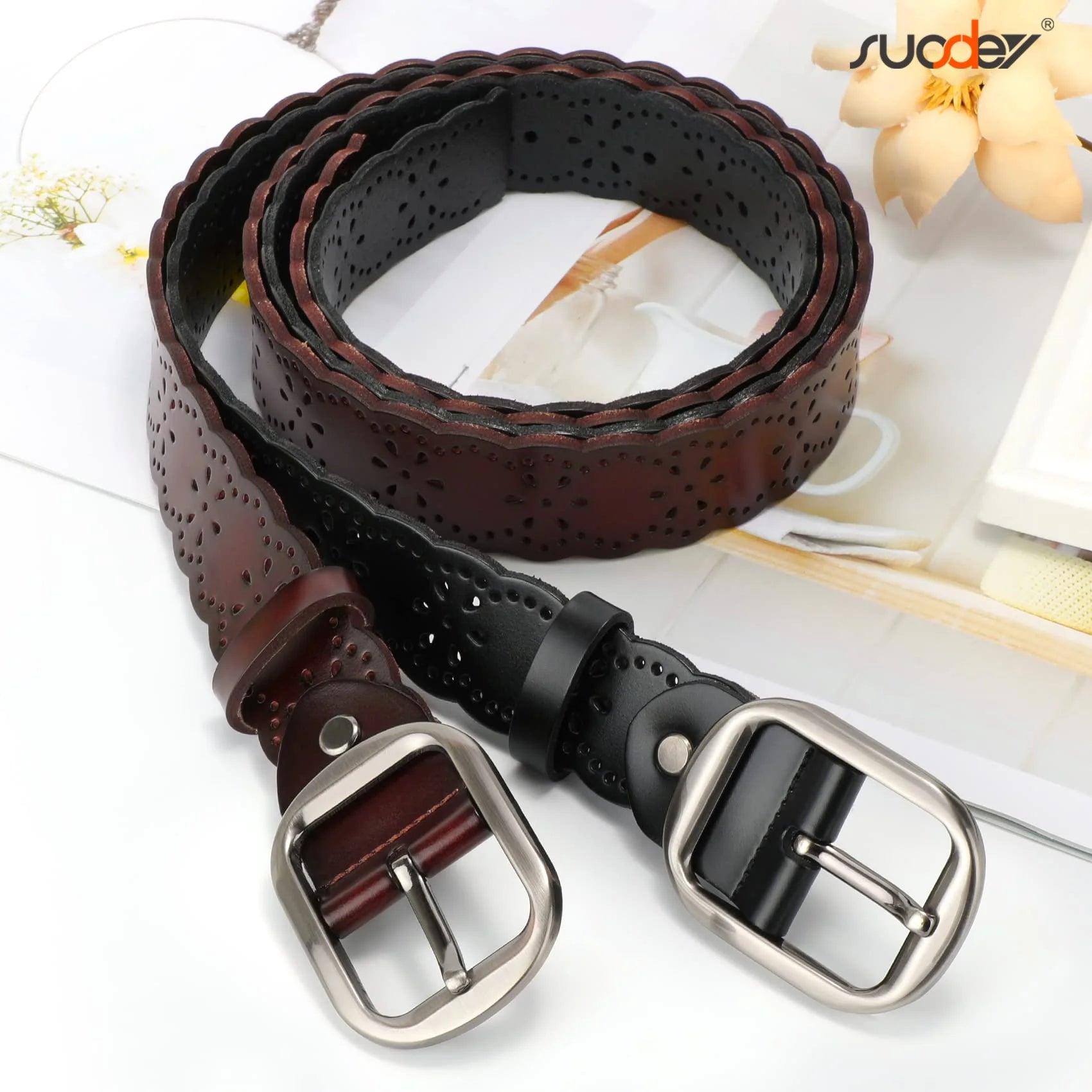 Hollow Flower Leather Belt for Women Coffee Belt for Jeans Dresses Pants with Gift Box
