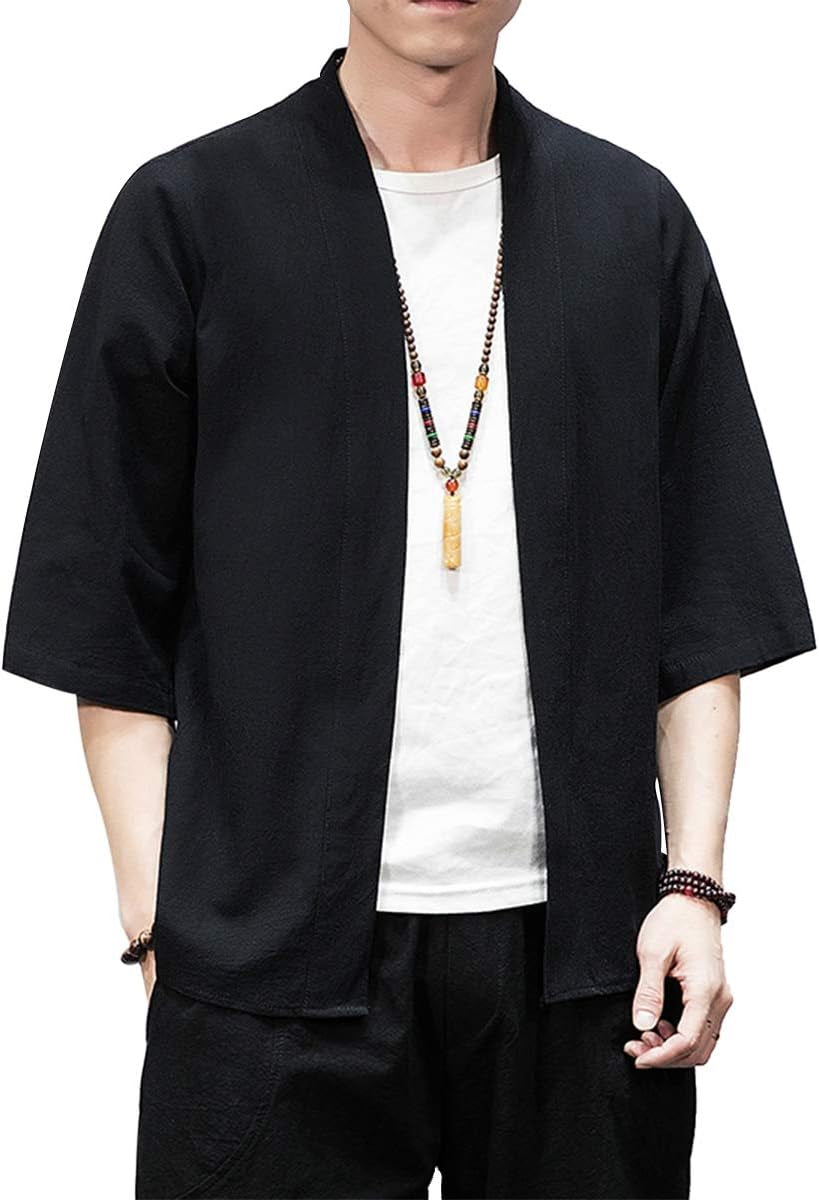 Men'S Kimono Jackets Cardigan Lightweight Casual Cotton Blends Linen Seven Sleeves Open Front Coat Outwear