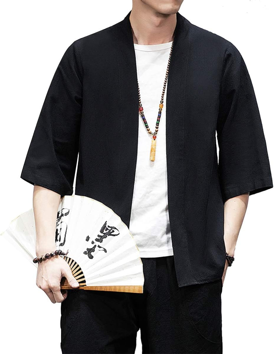 Men'S Kimono Jackets Cardigan Lightweight Casual Cotton Blends Linen Seven Sleeves Open Front Coat Outwear