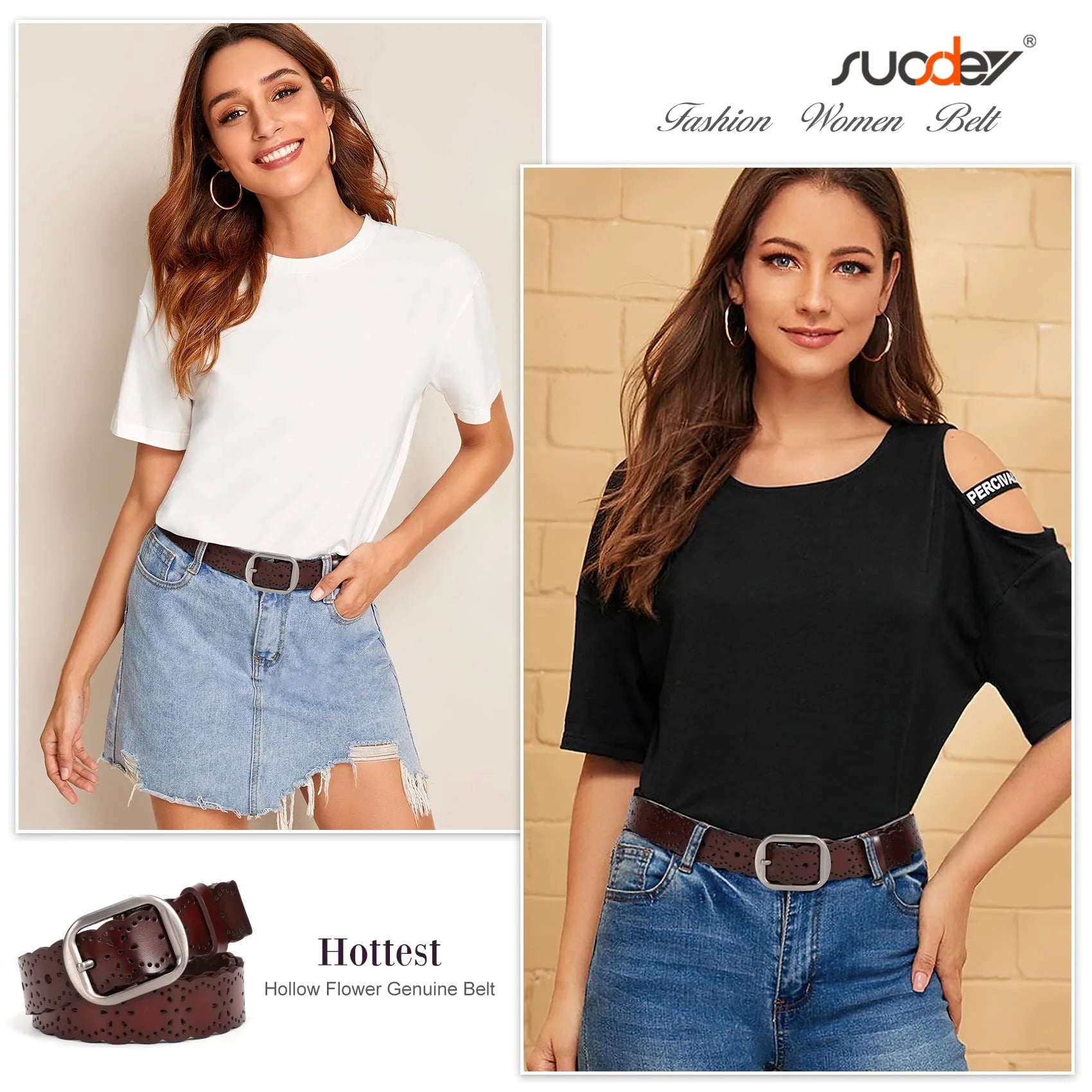 Hollow Flower Leather Belt for Women Coffee Belt for Jeans Dresses Pants with Gift Box