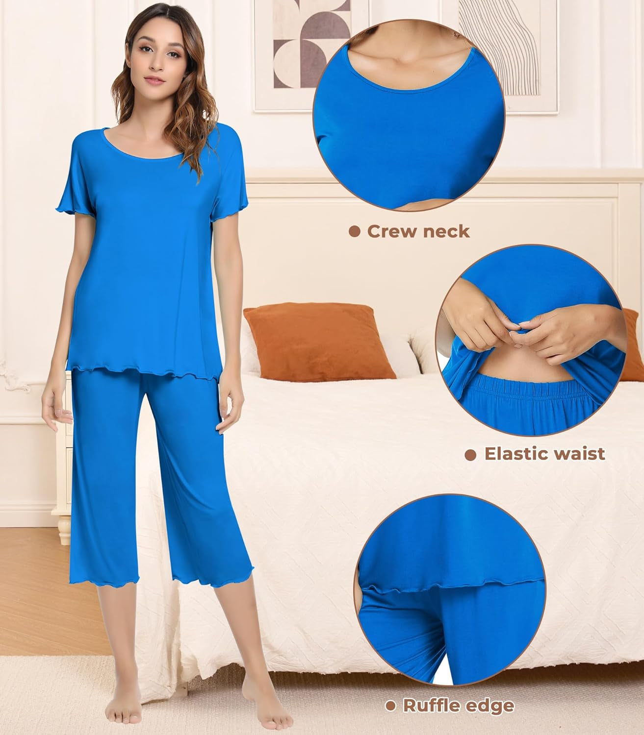 Pajamas for Women-Viscose Made from Bamboo,Soft Capri Pants Pajama Sets plus Size Pjs Cooling Short Sleeve Sleepwear