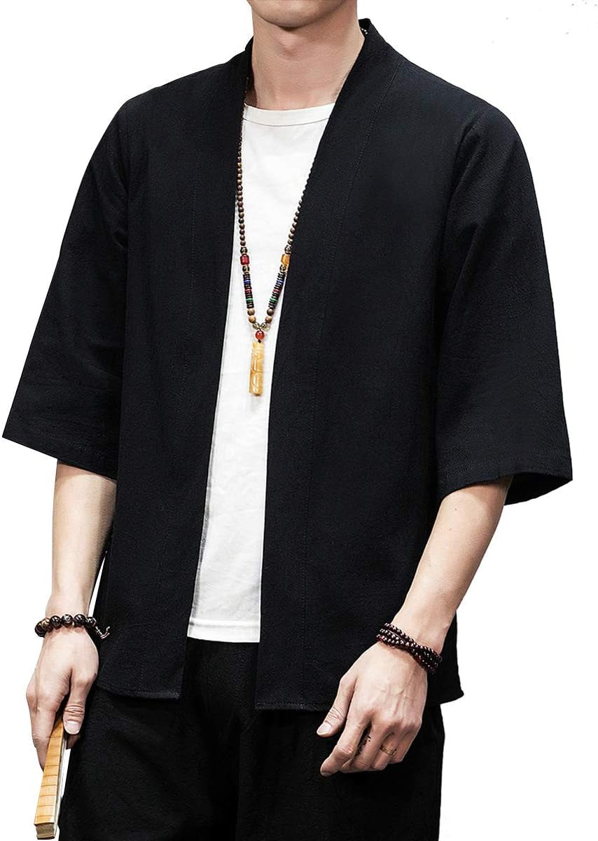 Men'S Kimono Jackets Cardigan Lightweight Casual Cotton Blends Linen Seven Sleeves Open Front Coat Outwear
