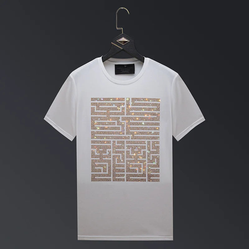 Casual Short Sleeve T Shirts Men Summer Clothes Chinese Characters Rhinestones Fashion Streetwear O Neck Cool Cotton T-Shirts