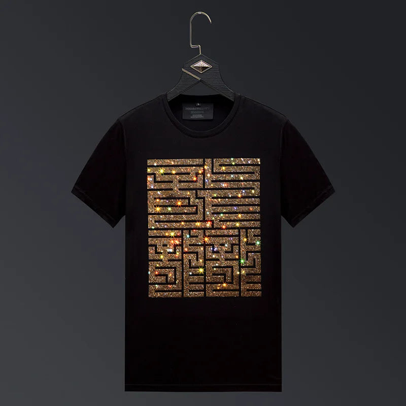 Casual Short Sleeve T Shirts Men Summer Clothes Chinese Characters Rhinestones Fashion Streetwear O Neck Cool Cotton T-Shirts